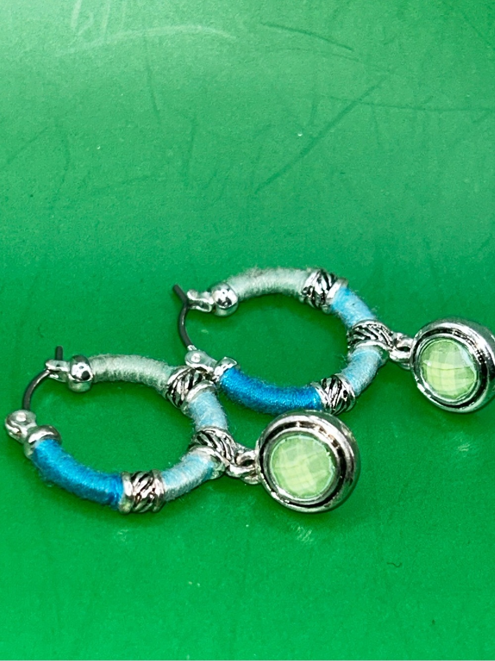 Blue-Green Hoop Earrings with Light Green Gem